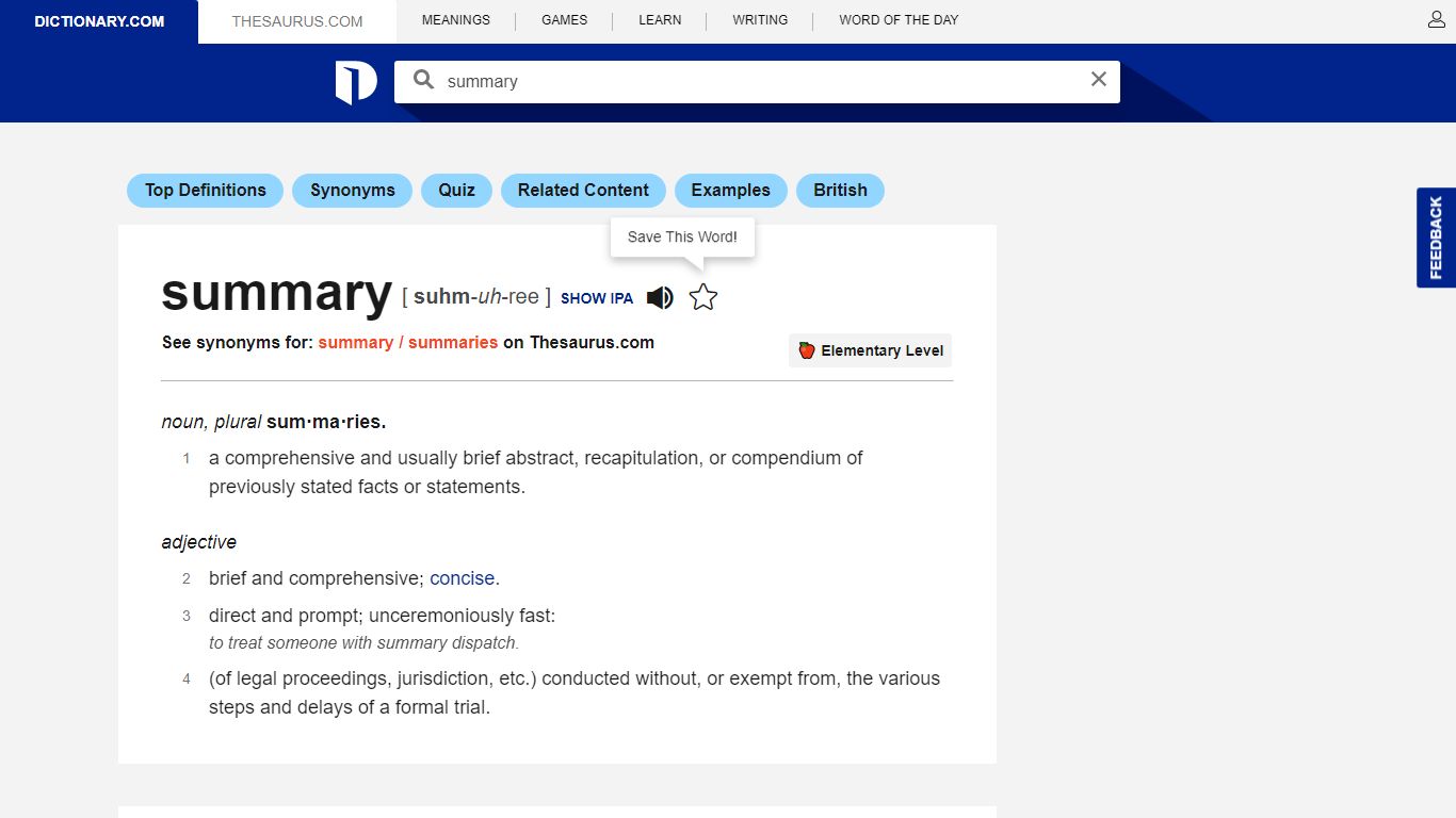 Summary Definition & Meaning | Dictionary.com